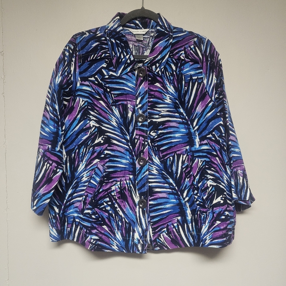 Purple Amethyst Turquoise Blue Palm Leaf Tropical Linen Blend Jacket Art To Wear - Picture 6 of 6